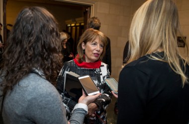 Representative Jackie Speier (D-California) speaks to members of the press during a Democratic Caucus meeting to elect new leadership on Capitol Hill on November 28th, 2018, in Washington, D.C.