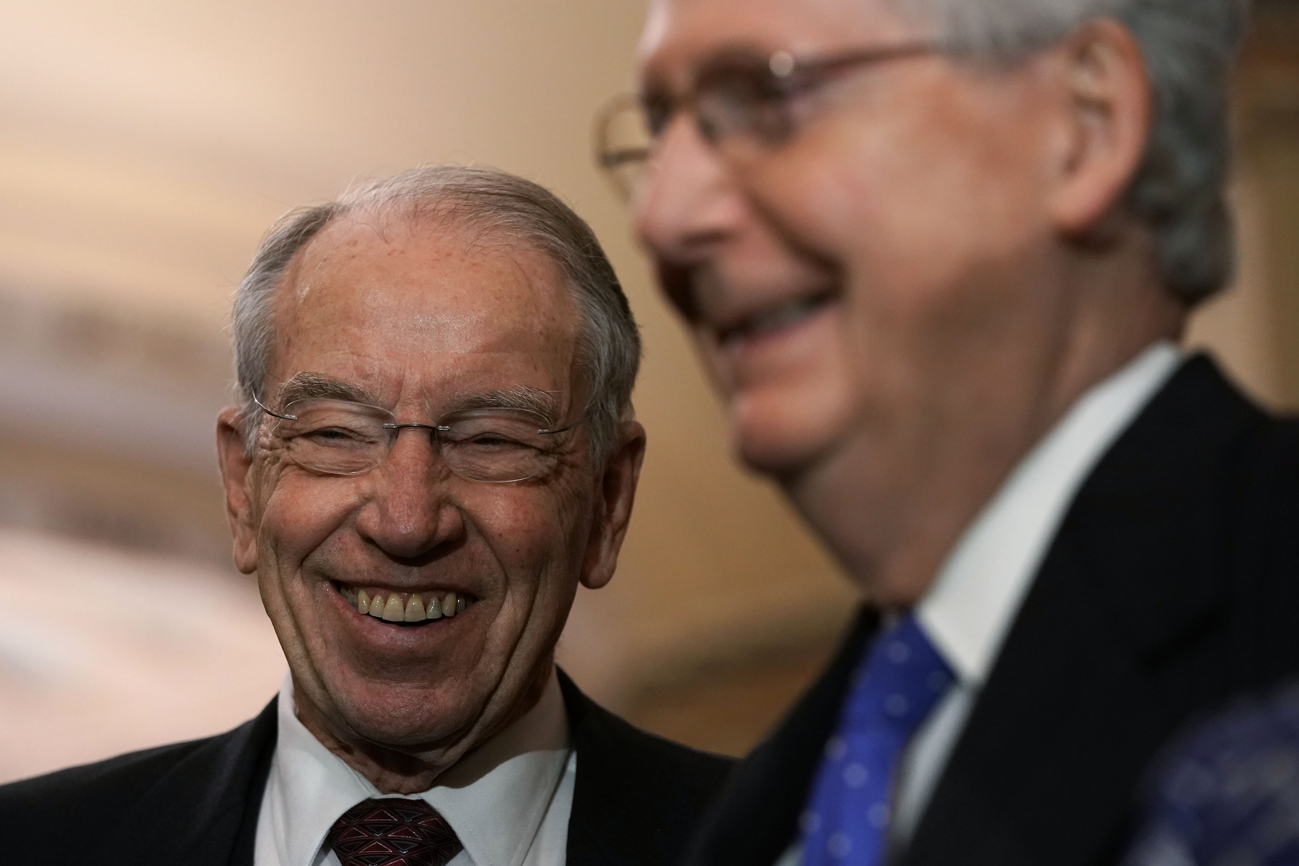 Senate Majority Leader Mitch McConnell (right) shares a laugh with Senator Chuck Grassley on November 18th, 2018, at the U.S. Capitol in Washington, D.C.