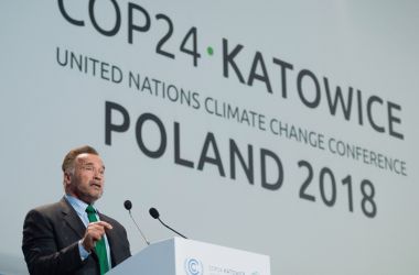 American actor and former Governor of California Arnold Schwarzenegger delivers a speech during the COP24 summit in Katowice, Poland, on December 3rd, 2018.