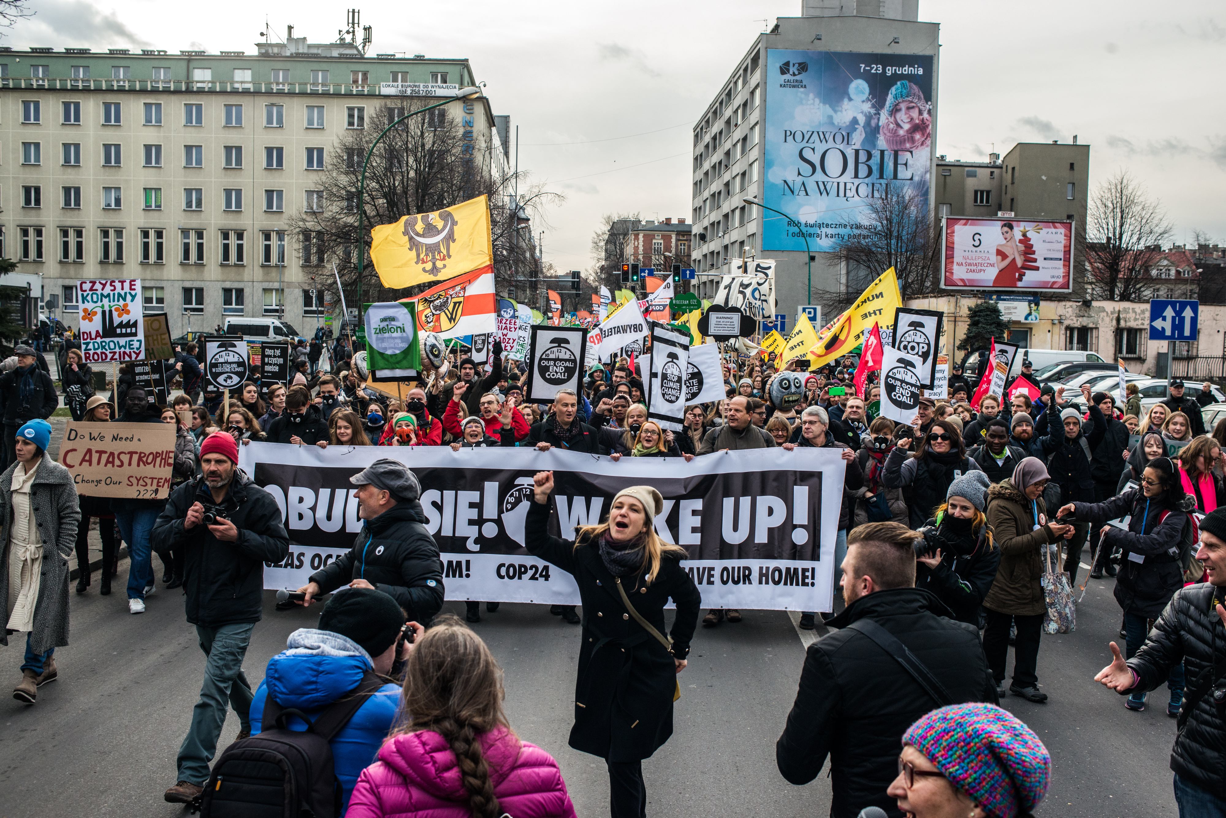 A Polish woman dances during a march at the 24th summit of COP24 on December 8th, 2018, in Katowice, Poland.