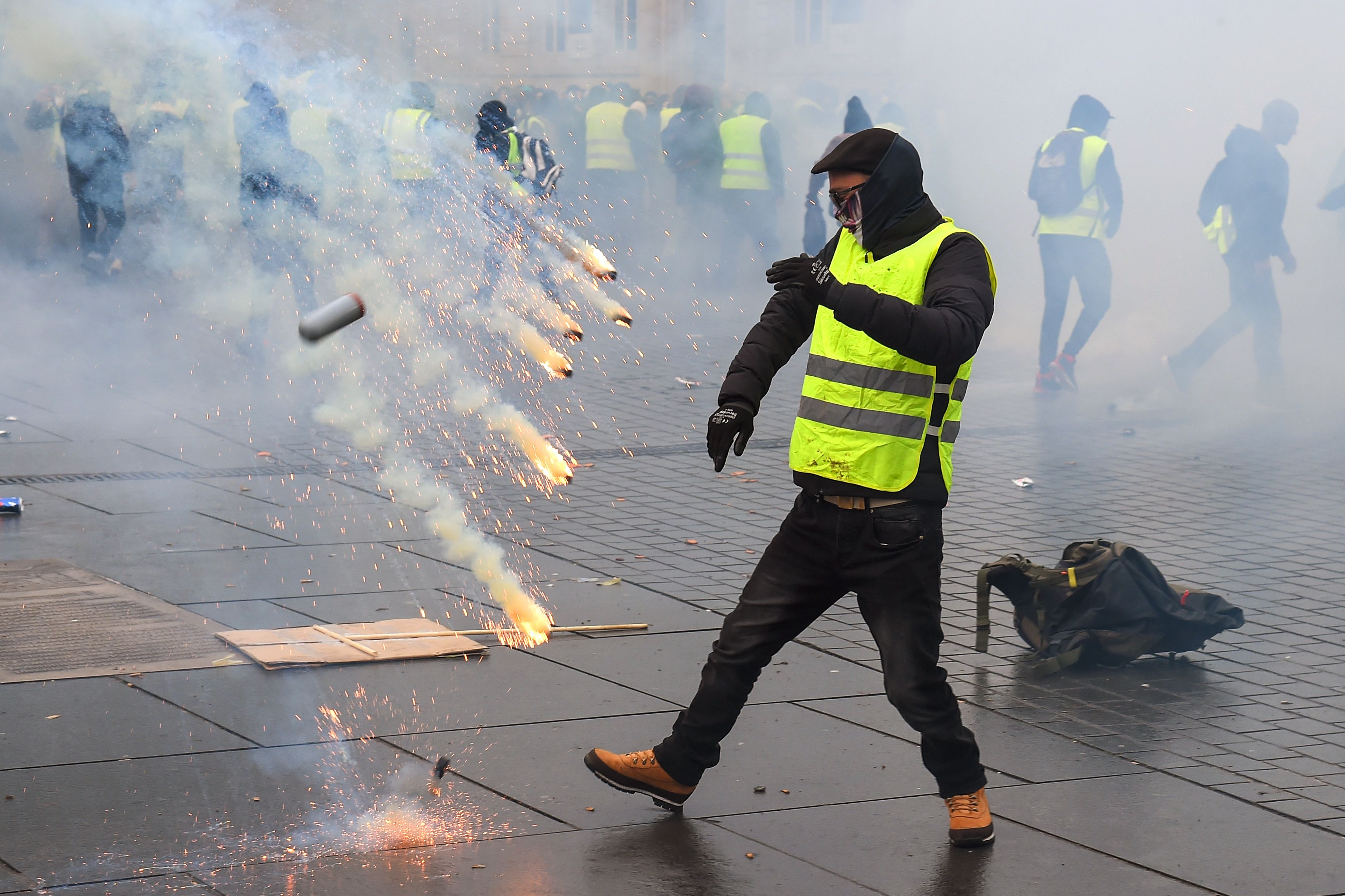 Protesters clash with riot police on December 8th, 2018, in Bordeaux, France, during a demonstration against the rising cost of living.