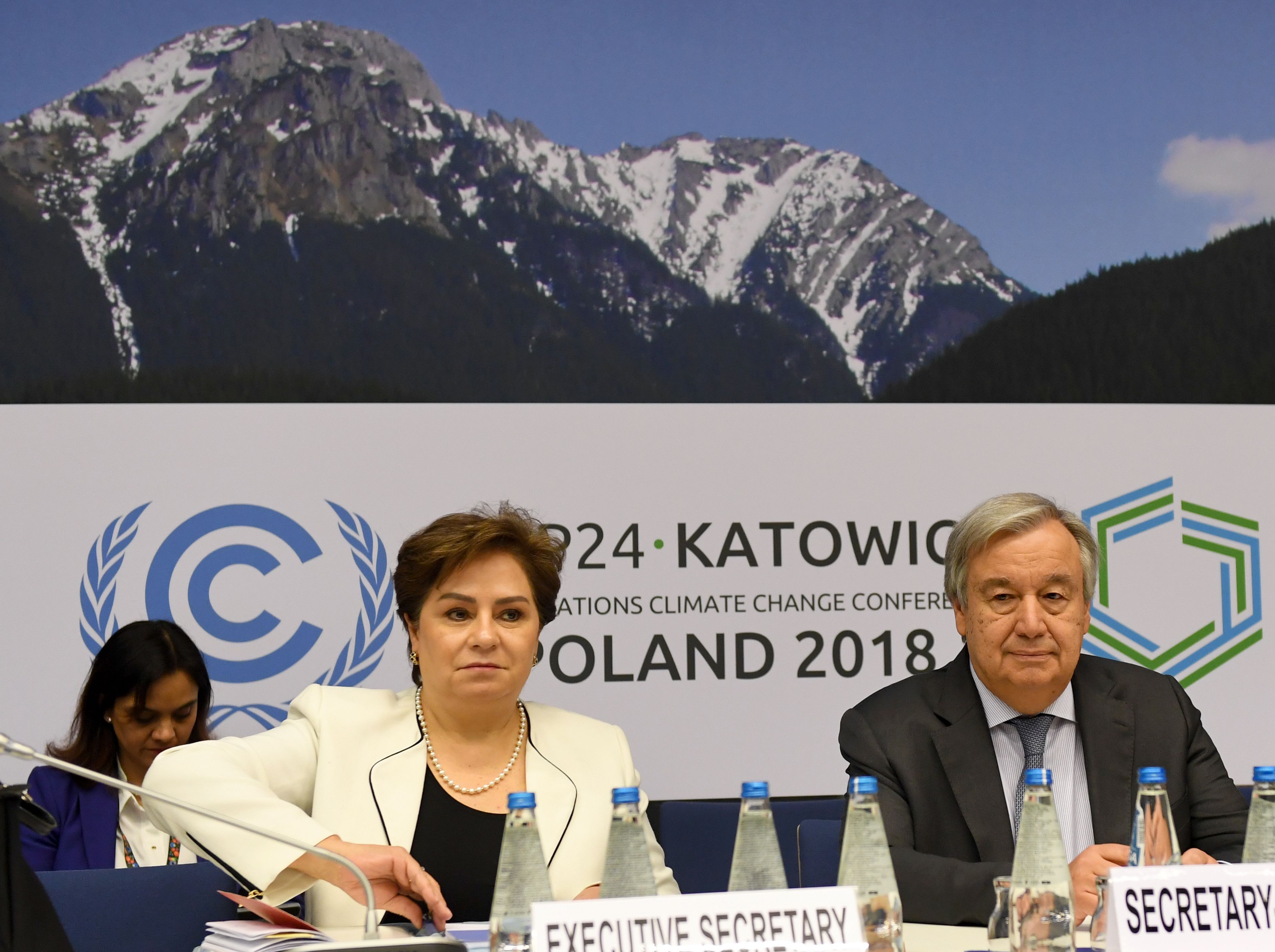 U.N. Secretary General António Guterres and Executive Secretary of United Nations Framework Convention on Climate Change Patricia Espinosa attend a meeting with representatives of various NGOs before the final session of the COP24 summit on climate change in Katowice, Poland, on December 14th, 2018.