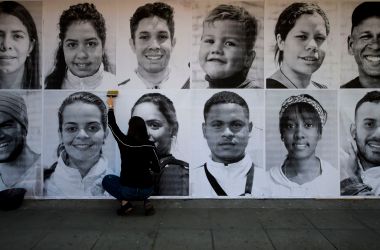 Portraits of Venezuelan migrants and refugees are displayed in Bogota, Colombia, as part of worldwide demonstrations in support of dignity for migrants for International Migrants Day on December 18th, 2018.