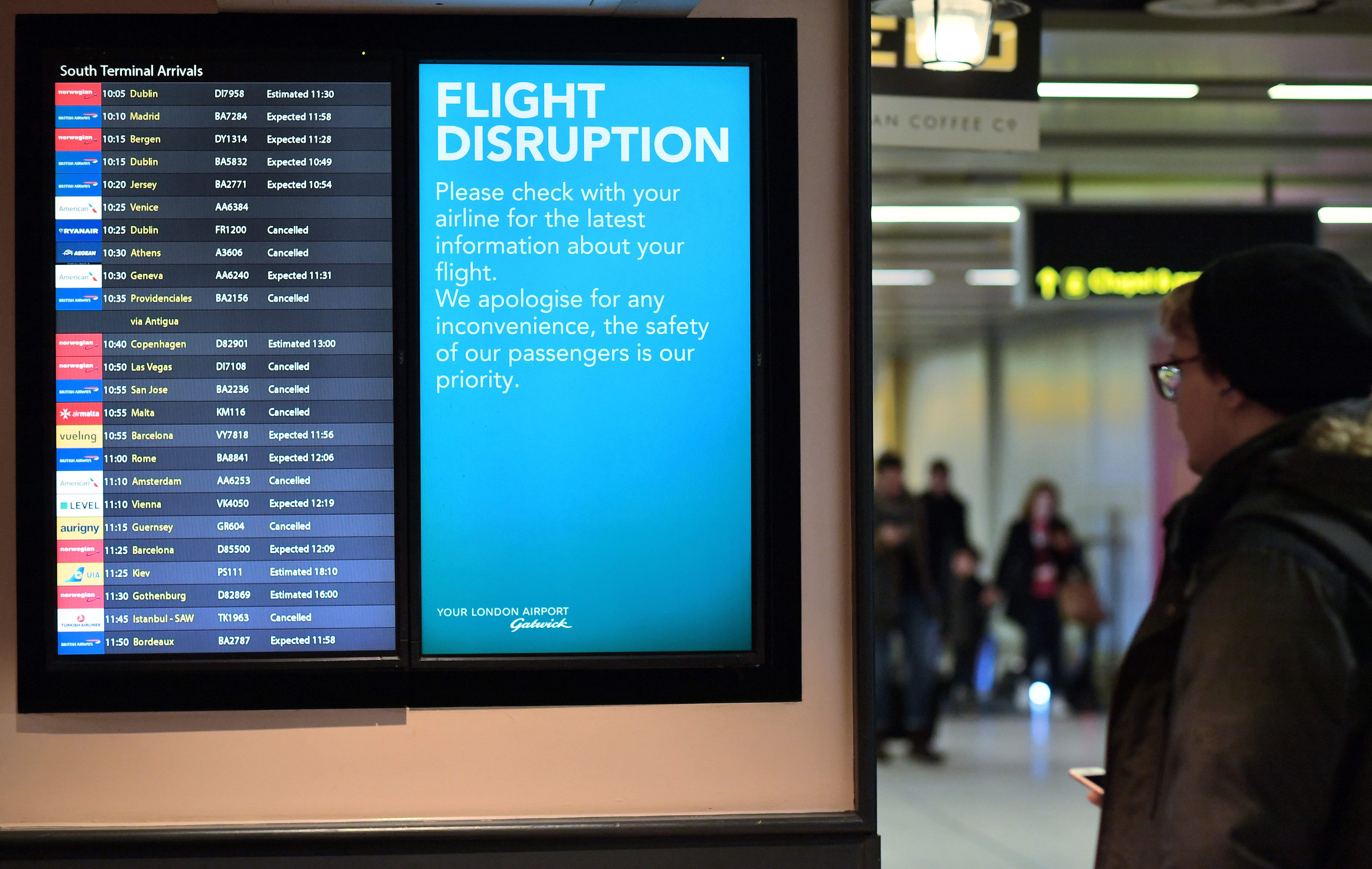 An information board displays flight information following disruption, in the South Terminal building at London Gatwick Airport, south of London, on December 21st, 2018.