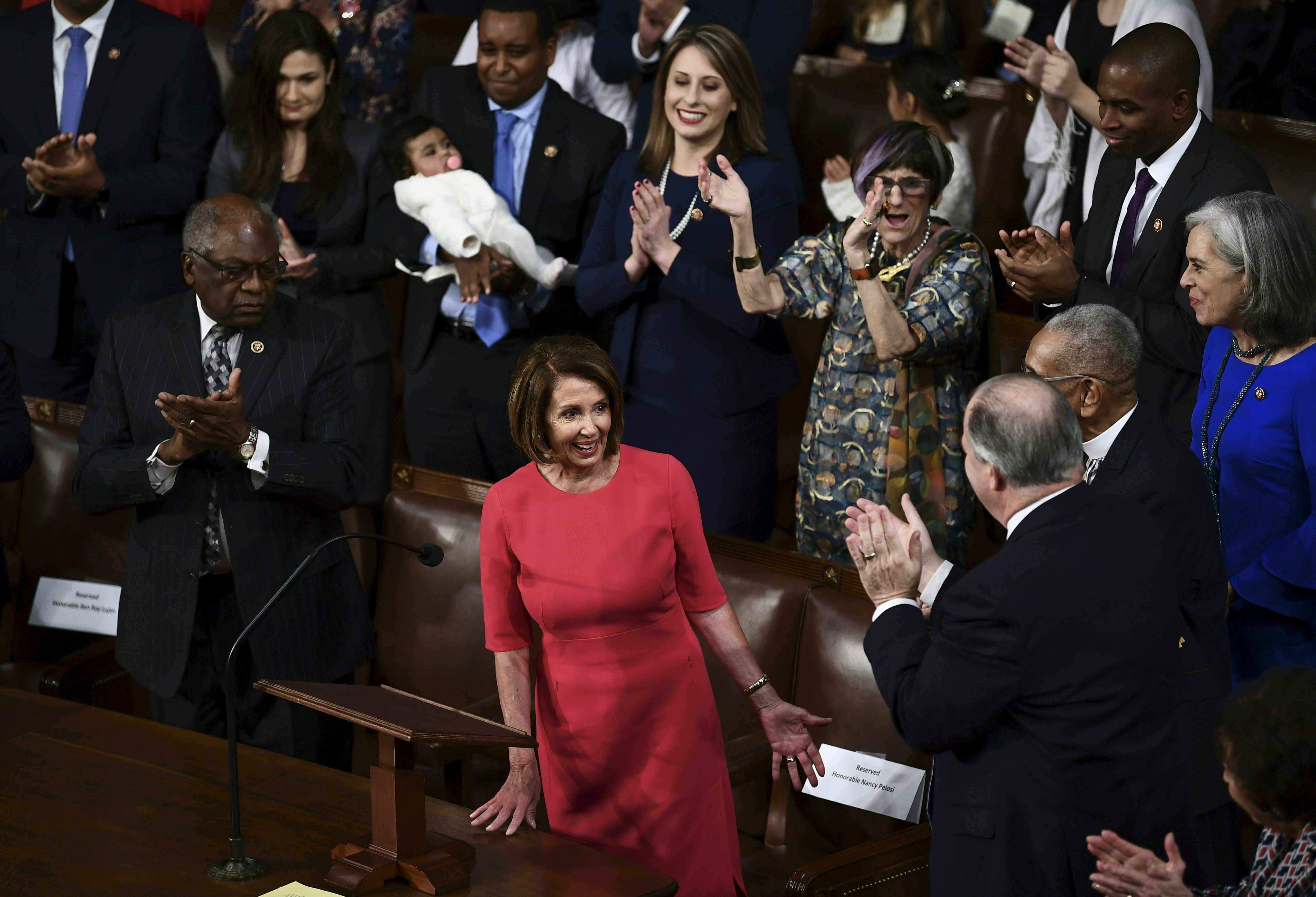 Nancy Pelosi reacts as she is confirmed as speaker of the House during the 116th Congress and swearing-in ceremony on the floor of the U.S. House of Representatives on January 3rd, 2019 in Washington, D.C.