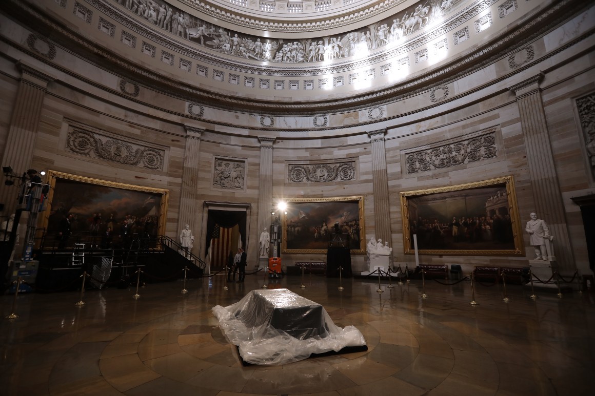 The Lincoln catafalque is protected by a plastic cover as preparations for the arrival of the body of former United States President George H.W. Bush continue at the U.S. Capitol Rotunda on December 3rd, 2018, in Washington, D.C. A World War II combat veteran, Bush served as a member of Congress from Texas, ambassador to the United Nations, director of the Central Intelligence Agency, vice president, and 41st president of the U.S. A state funeral for Bush will be held in Washington over the next three days, beginning with him lying in state in the U.S. Capitol Rotunda until Wednesday morning.