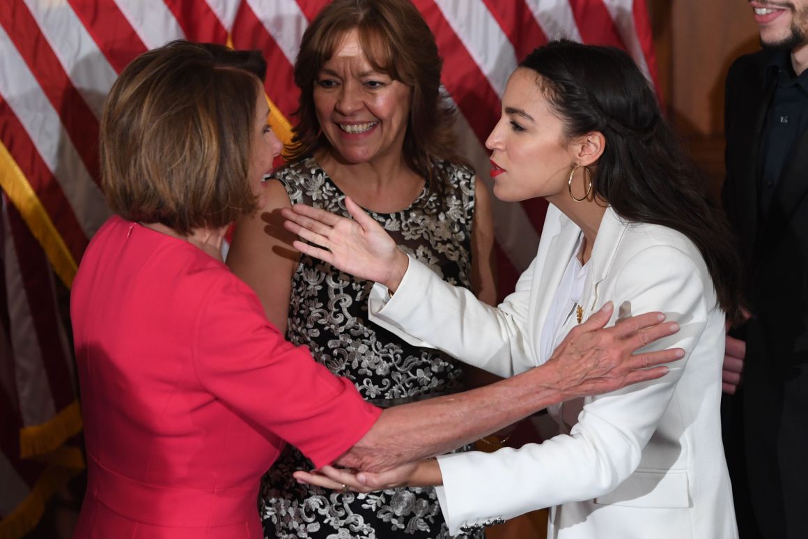 Speaker of the House Nancy Pelosi greets Representative Alexandria Ocasio-Cortez during the ceremonial swearing-in at the start of the 116th Congress at the U.S. Capitol in Washington, D.C., on January 3rd, 2019.