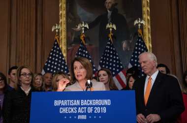 House Speaker Nancy Pelosi holds a press conference with former Arizona Representative Gabrielle Giffords and Representative Mike Thompson (D-California) to introduce legislation expanding background checks for gun sales at the Capitol in Washington, D.C., on January 8th, 2019.