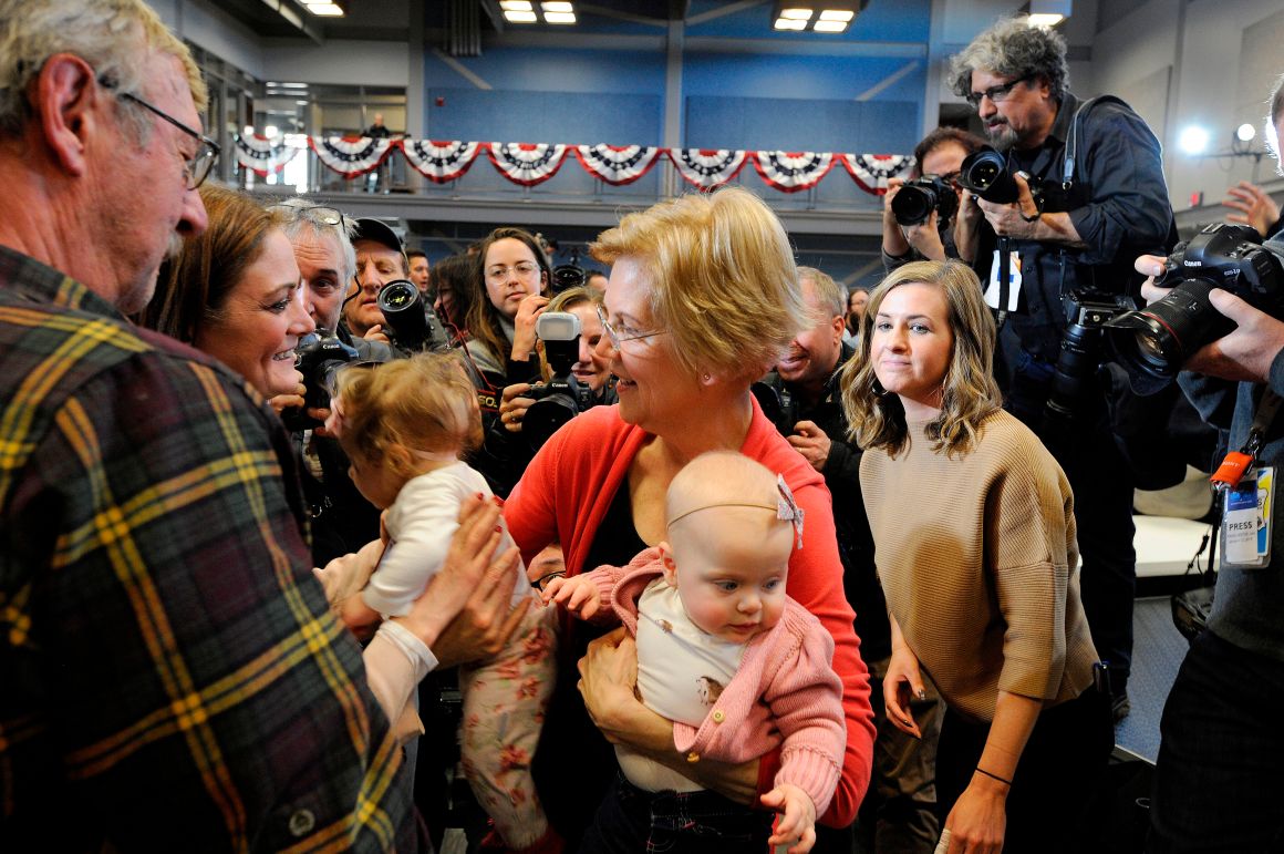 Senator Elizabeth Warren holds babies after addressing an organizing event at Manchester Community College in Manchester, New Hampshire, on January 12th, 2019.