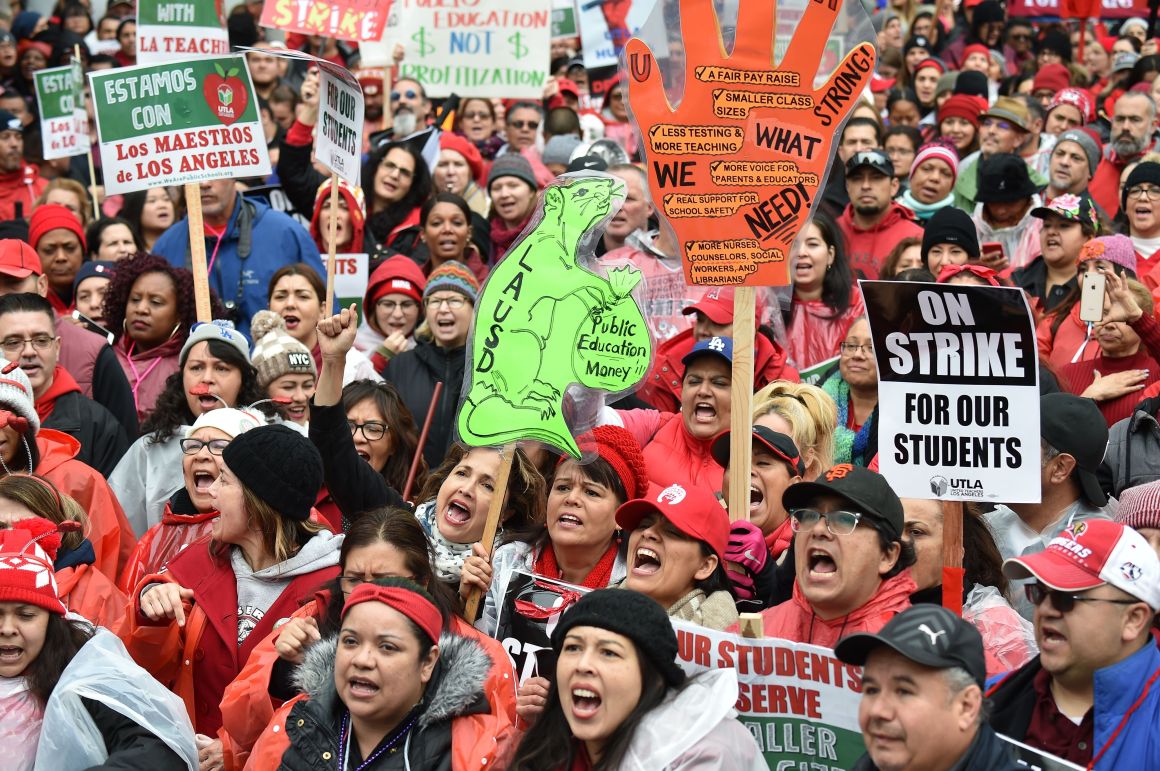 Striking teachers and their supporters rally in downtown Los Angeles, California, on the second day of the teachers strike, on January 15th, 2019.