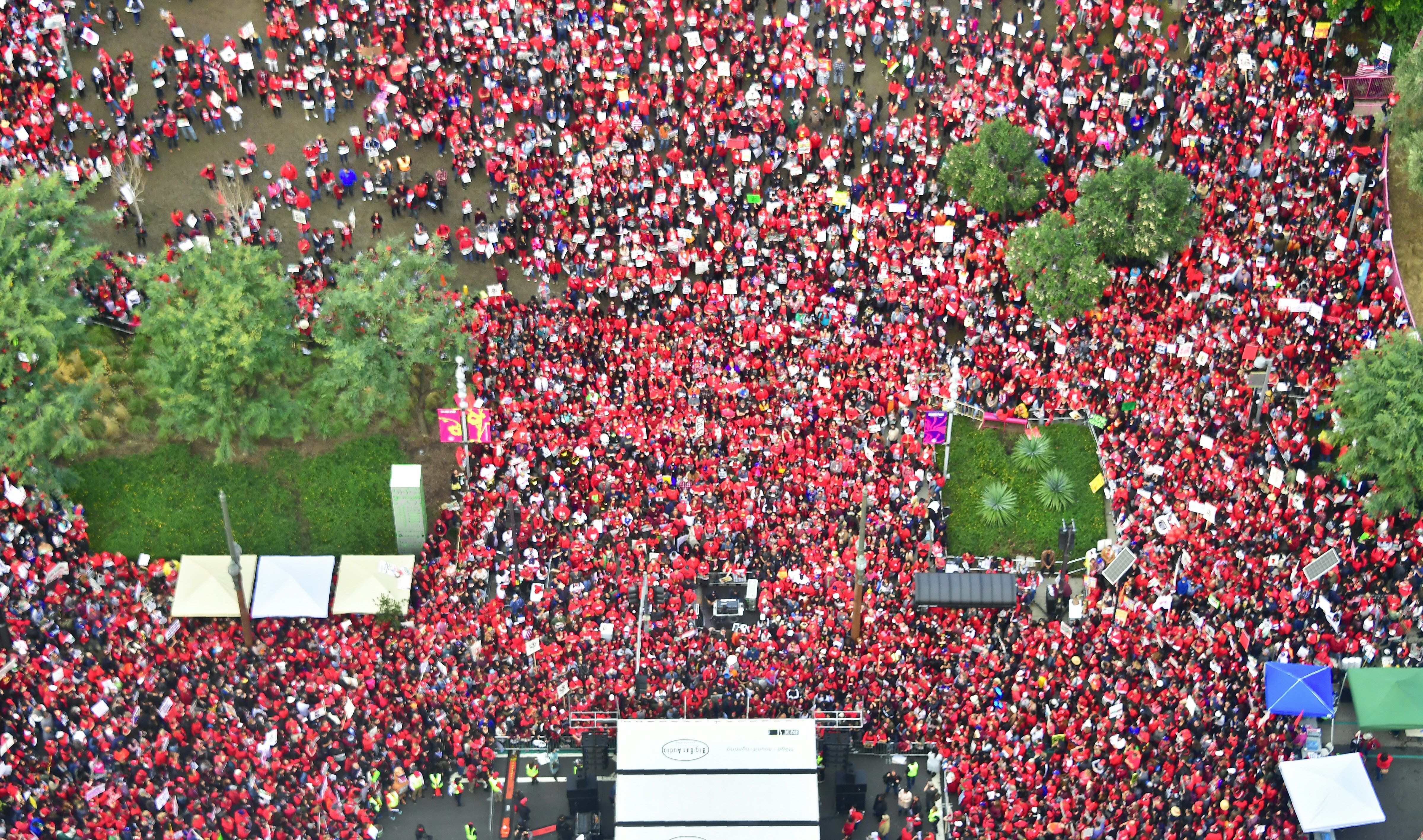 Thousands of LAUSD teachers and their supporters rally outside City Hall in Los Angeles, California, on January 18th, 2019. Talks continued between the school district and the teachers' union as the strike entered its fifth day.