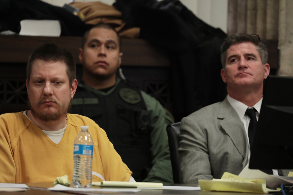 Former Chicago police Officer Jason Van Dyke, left, listens with his attorney Daniel Herbert at Van Dyke's sentencing hearing at the Leighton Criminal Court Building on January 18th, 2019, in Chicago, Illinois.