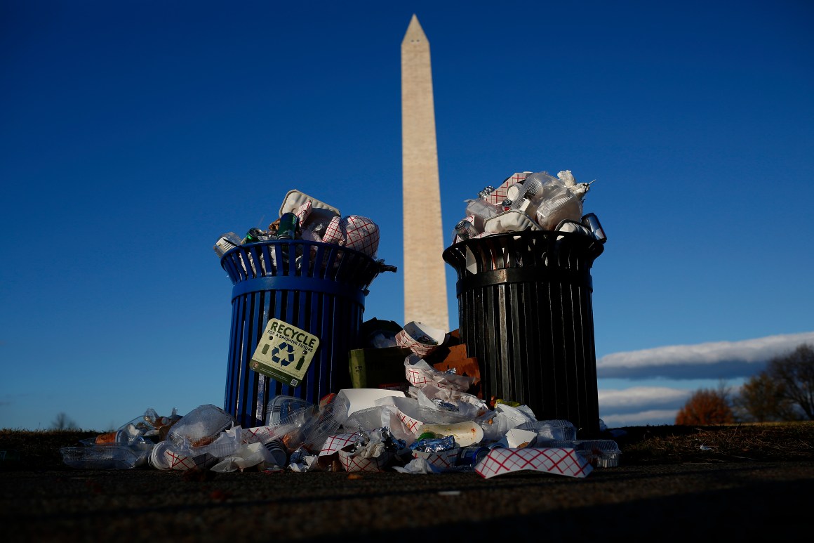 Trash begins to accumulate along the National Mall near the Washington Monument due to a partial shutdown of the federal government on December 24th, 2018 in Washington, D.C.