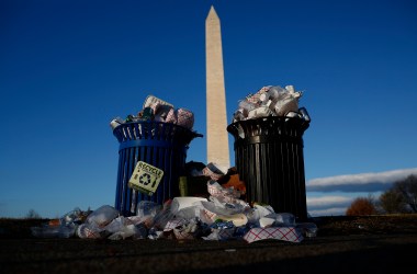 Trash begins to accumulate along the National Mall near the Washington Monument due to a partial shutdown of the federal government on December 24th, 2018 in Washington, D.C.