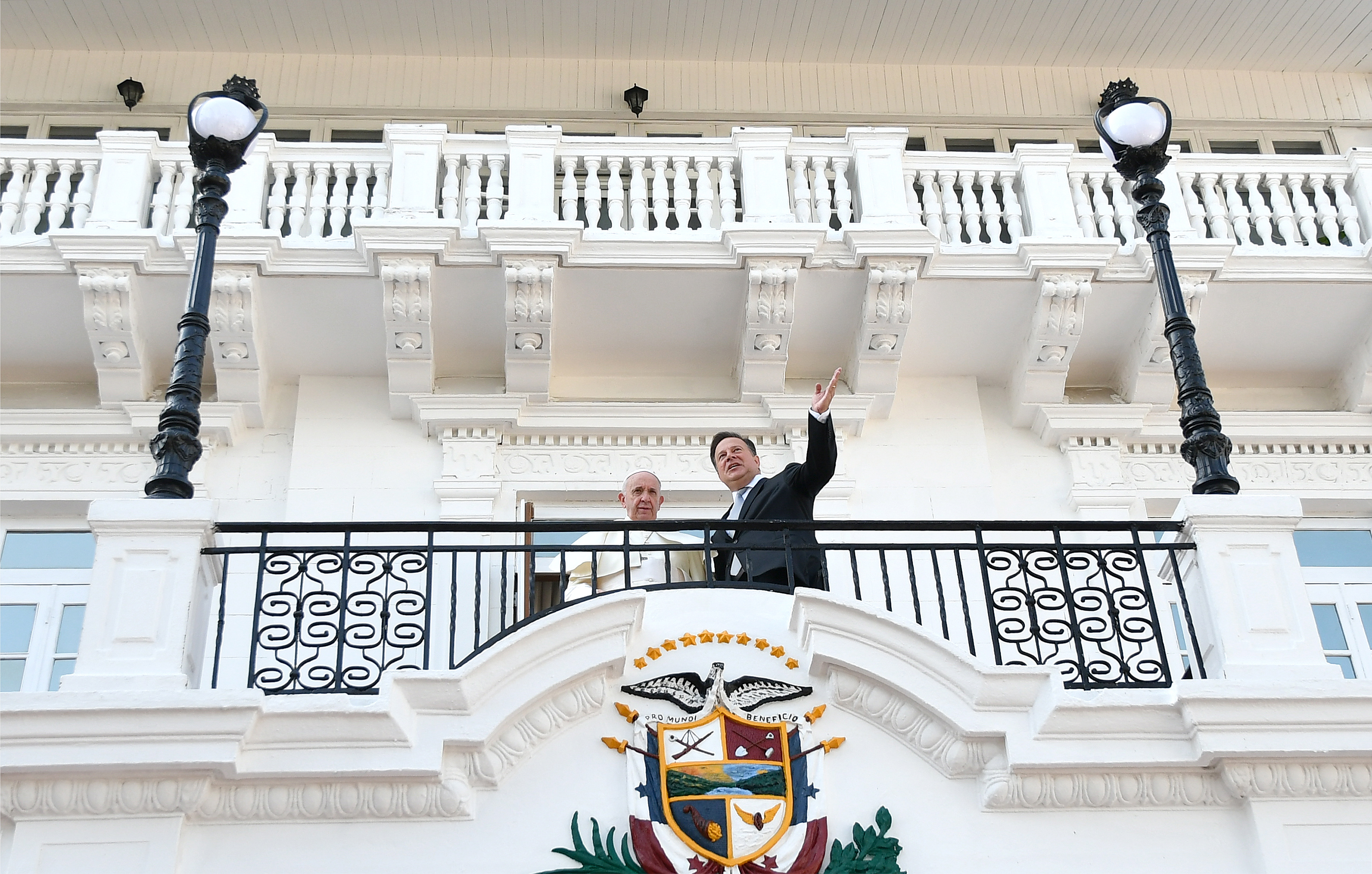 Pope Francis and Panama's President Juan Carlos Varela are pictured at Las Garzas Presidential Palace in Panama City on January 24th, 2019.