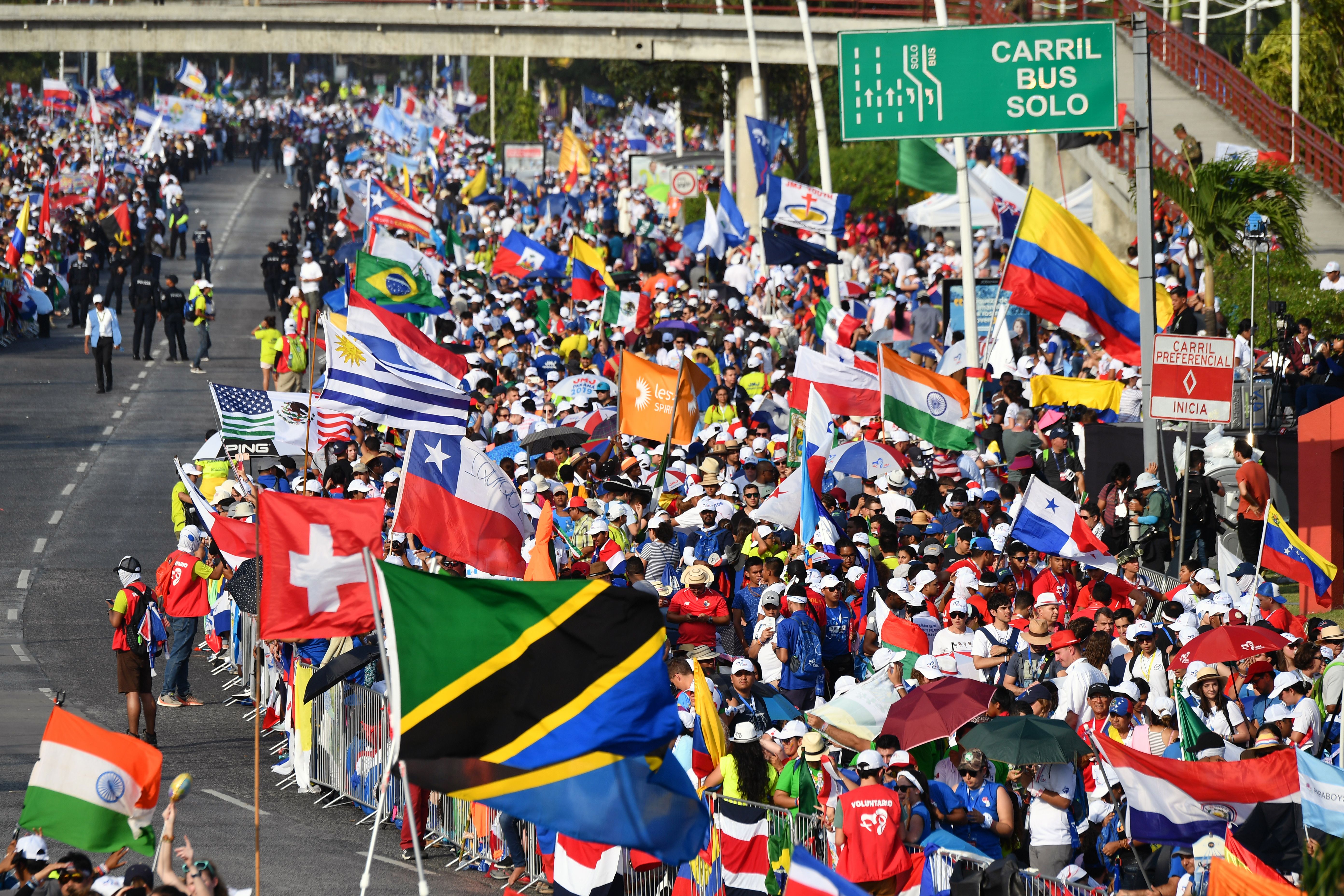 Pilgrims wait for the arrival of Pope Francis for his welcoming ceremony at Campo Santa Maria La Antigua in Panama City during World Youth Day on Thursday, January 24th, 2019.