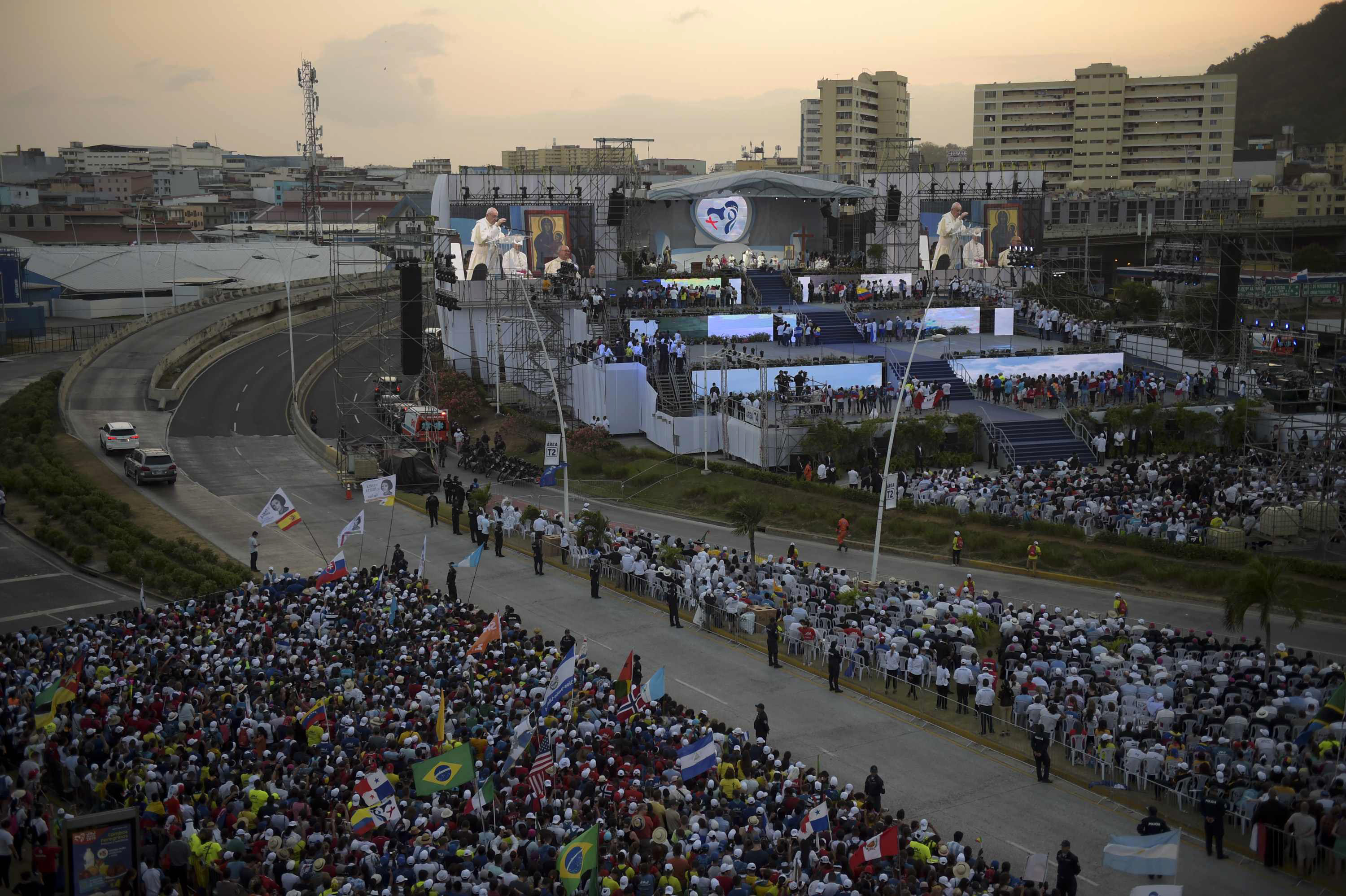 Crowds watch as Pope Francis takes part in the welcome ceremony at the Campo Santa Maria La Antigua in Panama City during World Youth Day on January 24th, 2019.