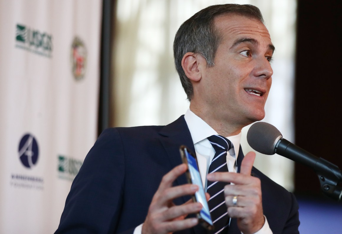 Los Angeles Mayor Eric Garcetti speaks at a press conference at City Hall announcing the launch of the ShakeAlertLA mobile application.