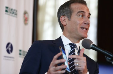 Los Angeles Mayor Eric Garcetti speaks at a press conference at City Hall announcing the launch of the ShakeAlertLA mobile application.