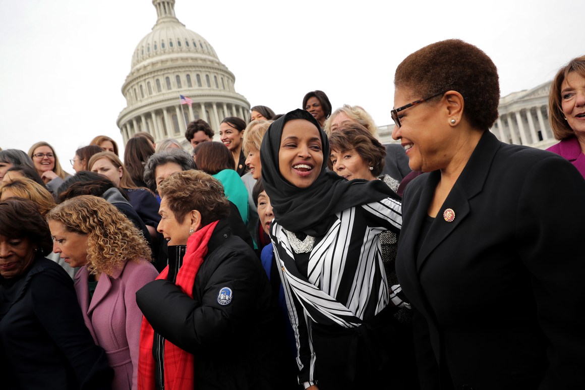 Representative Ilhan Omar (D-Minnesota) joins her fellow House Democratic women for a portrait in front of the U.S. Capitol on January 4th, 2019, in Washington, D.C.