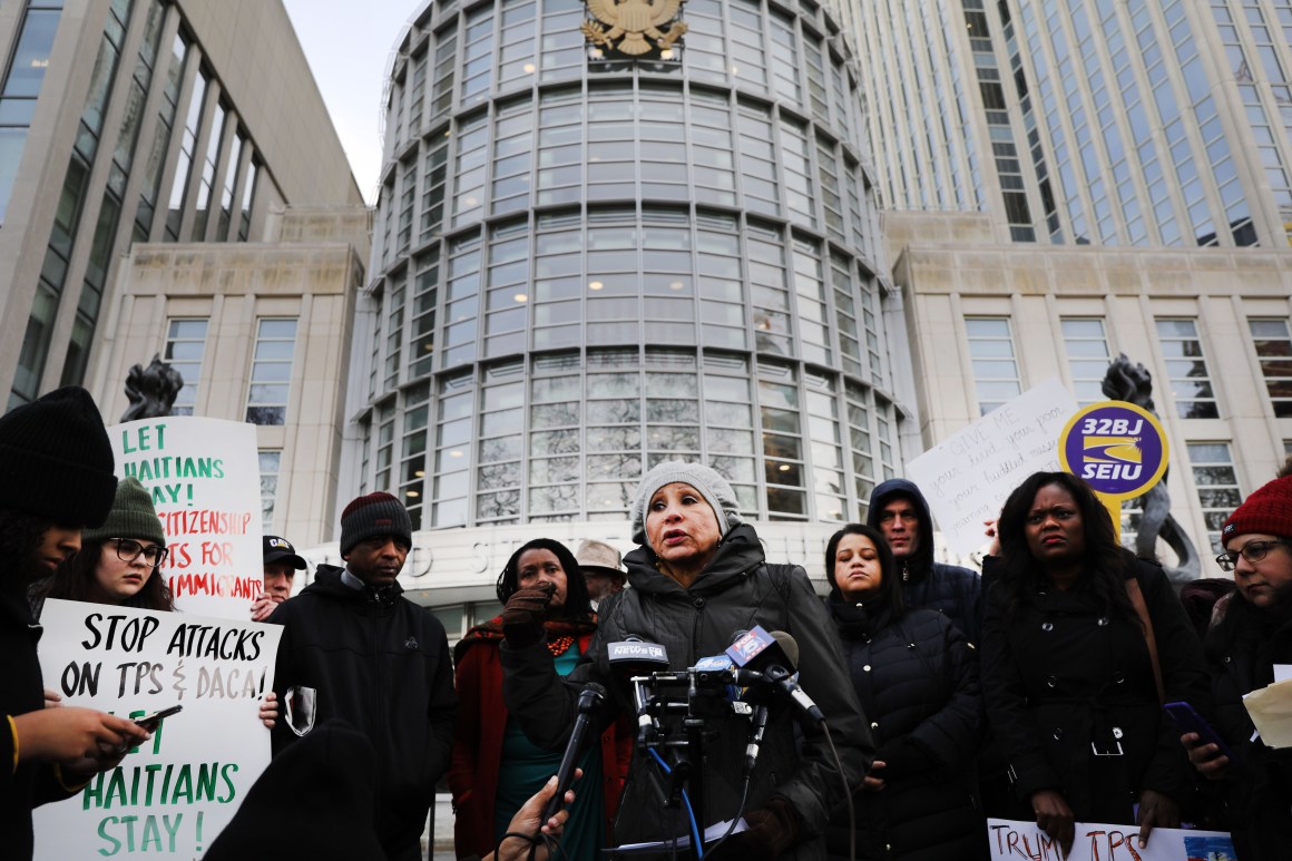 As a trial begins to try to protect Haitian immigrants under Temporary Protected Status from being deported back to Haiti, people demonstrate in front of the Eastern District of New York Federal Courthouse in downtown Brooklyn on January 7th, 2019, in New York City. President Donald Trump is trying to end TPS for Haitians. TPS allows immigrants to work and live in the United States following a natural disaster or an ongoing armed conflict in their home country. It was granted to Haitians following the 2010 7.0 magnitude earthquake that decimated the island nation and resulted in the death of 250,000 Haitians.