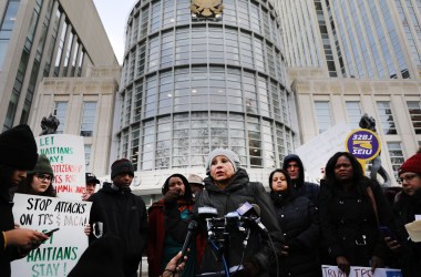 As a trial begins to try to protect Haitian immigrants under Temporary Protected Status from being deported back to Haiti, people demonstrate in front of the Eastern District of New York Federal Courthouse in downtown Brooklyn on January 7th, 2019, in New York City. President Donald Trump is trying to end TPS for Haitians. TPS allows immigrants to work and live in the United States following a natural disaster or an ongoing armed conflict in their home country. It was granted to Haitians following the 2010 7.0 magnitude earthquake that decimated the island nation and resulted in the death of 250,000 Haitians.