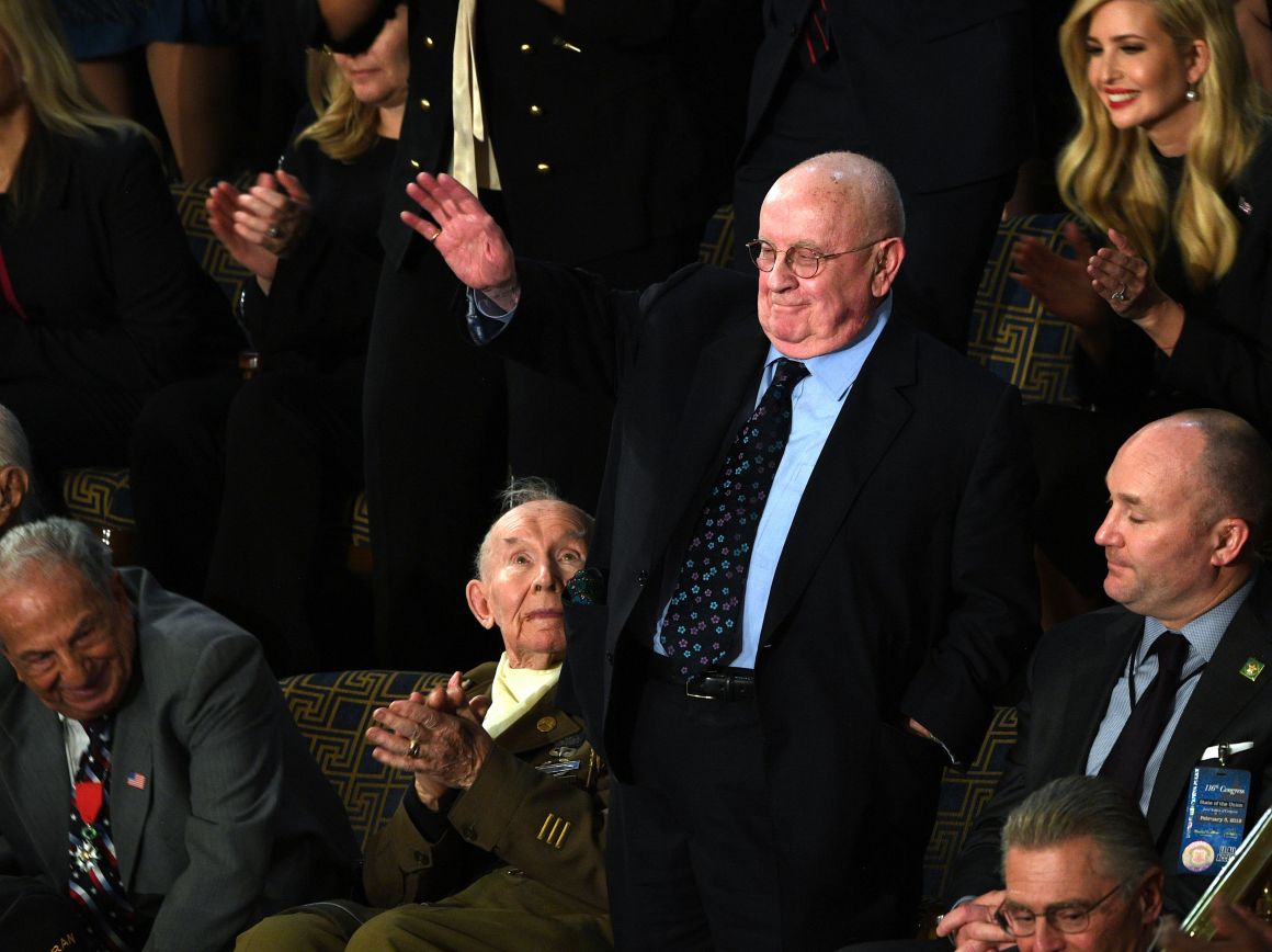 Judah Samet, a member of the Tree of Life Synagogue in Pittsburgh, waves as he is recognized by President Donald Trump during the State of the Union on February 5th, 2019.