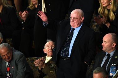 Judah Samet, a member of the Tree of Life Synagogue in Pittsburgh, waves as he is recognized by President Donald Trump during the State of the Union on February 5th, 2019.