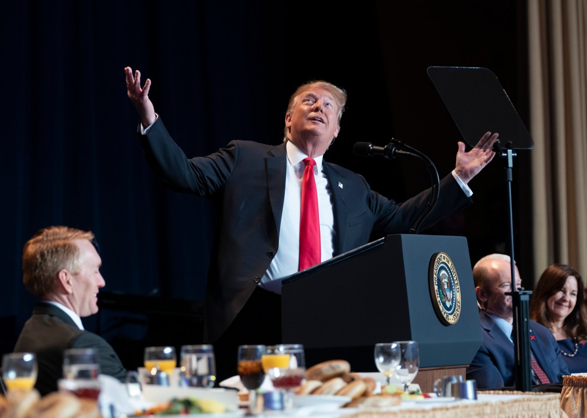 President Donald Trump speaks during the 2019 National Prayer Breakfast on February 7th, 2019, in Washington, D.C.