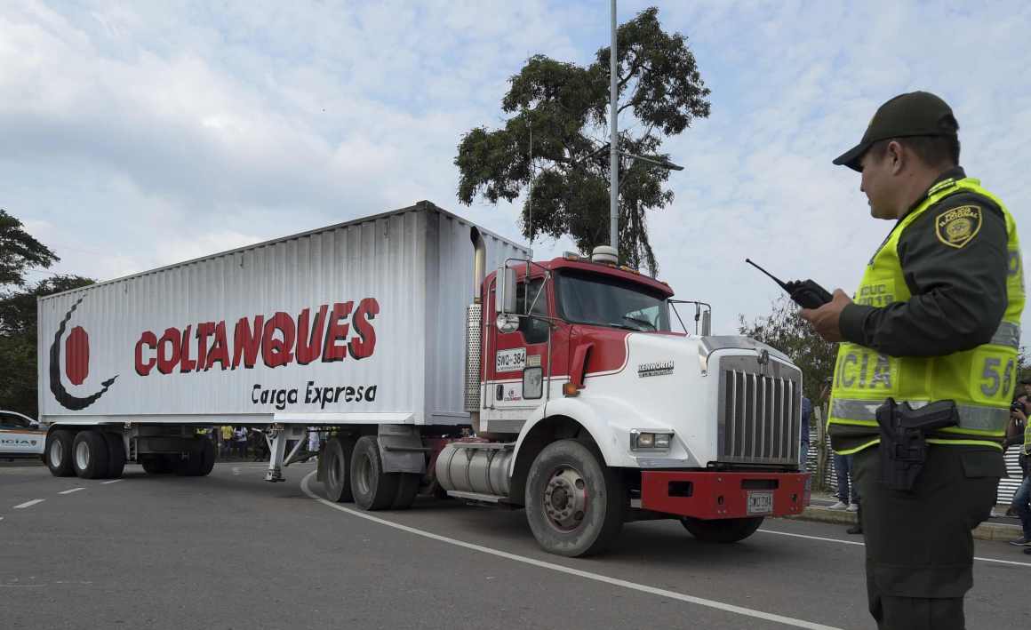 Trucks loaded with humanitarian aid for Venezuela arrive in Cucuta, Colombia, a city on the Venezuelan border, on February 7th, 2018. Venezuelan military officers blocked a bridge on the Colombian border ahead of the shipment, as opposition leader Juan Guaidó stepped up his challenge to President Nicolás Maduro's authority.