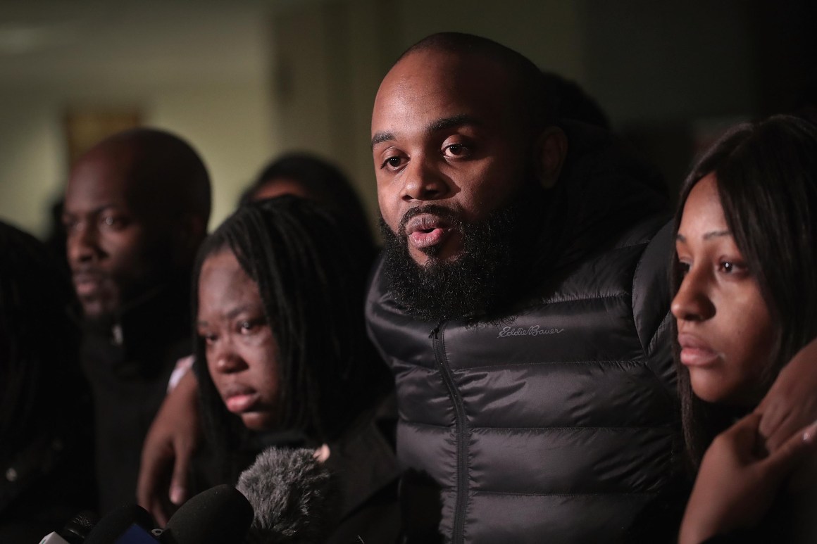 Community activist Will Calloway speaks to the press on January 18th, 2019, in Chicago, Illinois, following the sentencing hearing for former Chicago police officer Jason Van Dyke for the 2014 murder of 17-year-old Laquan McDonald.