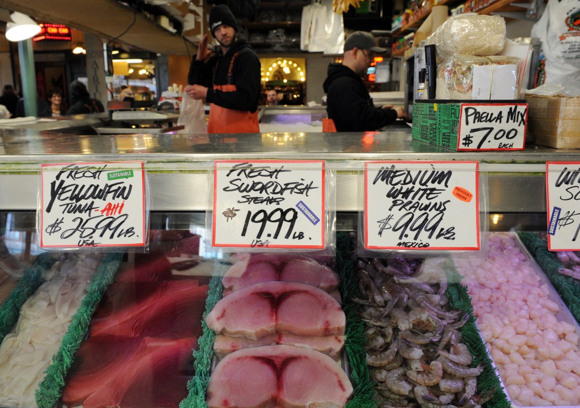 Seafood and fish for sale at the Pike Place Fish market in Seattle, Washington.