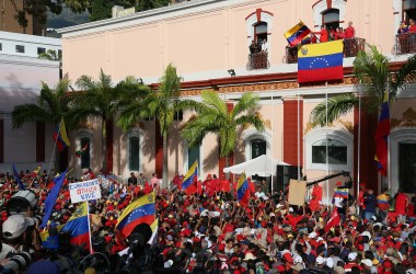 President of Venezuela Nicolás Maduro (center) gives a speech to his supporters from the Balcón del Pueblo of the Miraflores Government Palace on Wednesday, January 23rd, 2019, in Caracas, Venezuela. Earlier on Wednesday, Venezuelan opposition leader and head of the National Assembly Juan Guaido claimed that he is the rightful interim president, as was officially accepted by presidents of many countries such as the United States, Brazil, Chile, Canada, and Argentina. Protests continue in Caracas; meanwhile, Maduro and President Donald Trump no longer recognize any relations between their two countries.