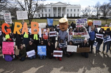 People protest against President Donald Trump' national emergency declaration in front of the White House on February 18th, 2019 in Washington, D.C. The event was part of a national mobilization effort with protests to be held throughout the country. US President Trump on February 15th, 2019, invoked a 'national emergency' to justify tapping military and other funds for barrier construction, after Congress approved less than a fourth the $5.7 billion he had sought for border security.