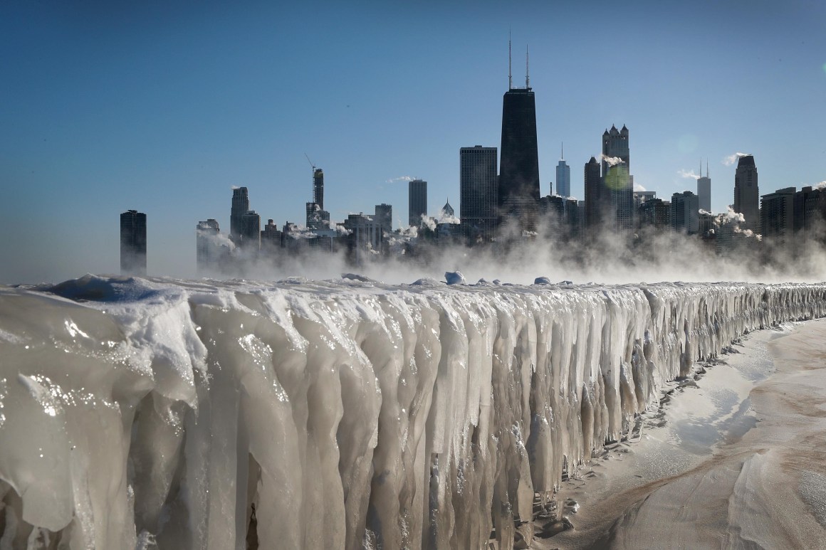 Ice covers the Lake Michigan shoreline on January 30th, 2019, in Chicago, Illinois. Businesses and schools have closed, Amtrak has suspended service into the city, more than a thousand flights have been canceled, and mail delivery has been suspended as the city copes with record-setting low temperatures.