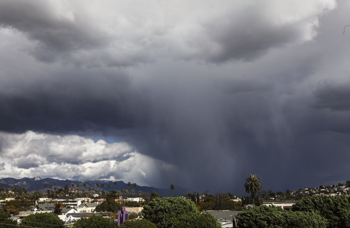 A wintry mix of precipitation falls during an unusually cold winter storm system on February 21st, 2019, in Los Angeles, California. Some parts of Los Angeles County received a brief dusting of snow during the storm.