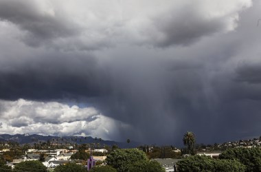 A wintry mix of precipitation falls during an unusually cold winter storm system on February 21st, 2019, in Los Angeles, California. Some parts of Los Angeles County received a brief dusting of snow during the storm.