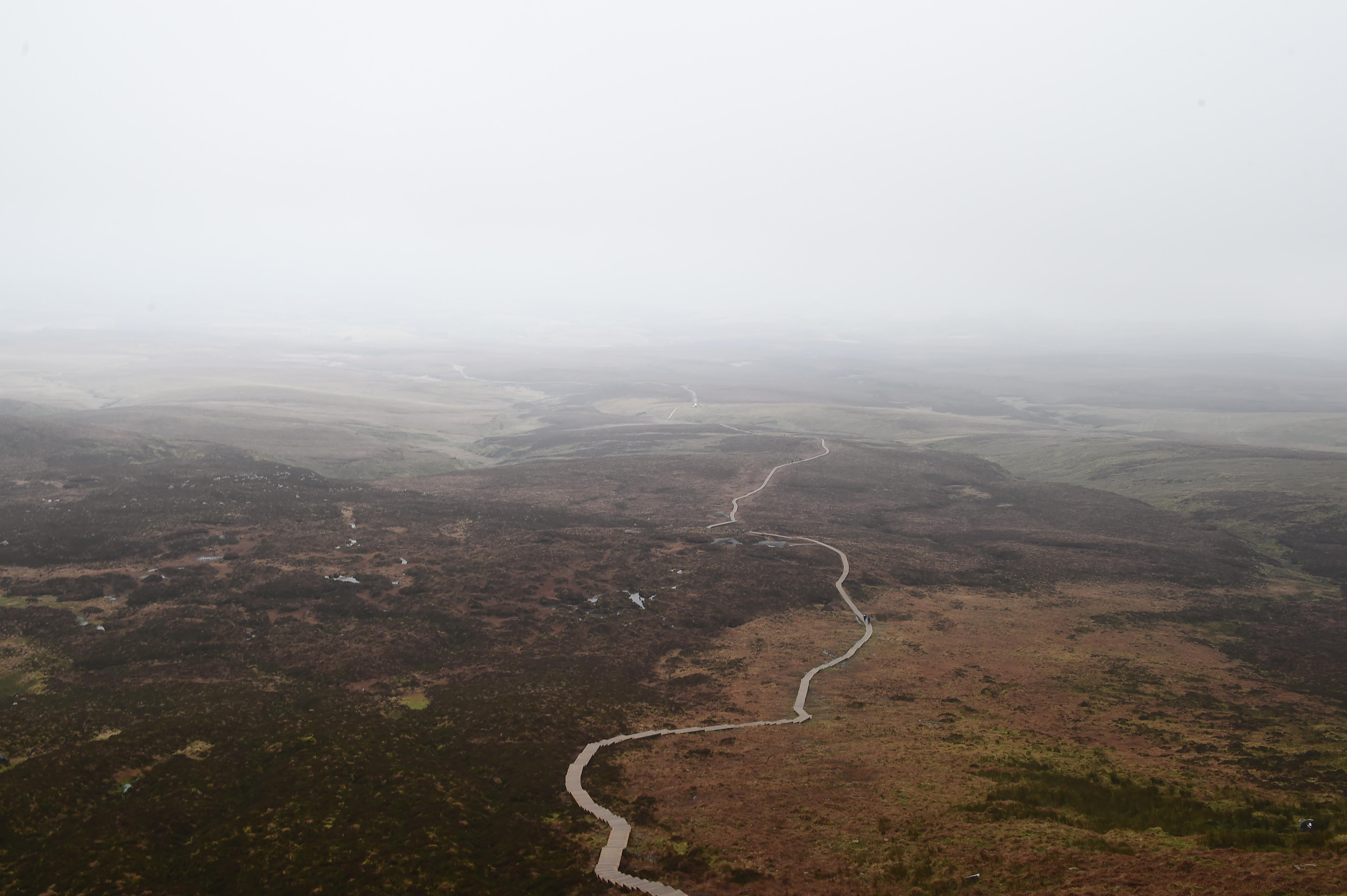 The Culicagh mountain boardwalk, which threads along the border between Northern Ireland and the Republic of Ireland, is pictured on February 22nd, 2019, in Florencecourt, Northern Ireland.