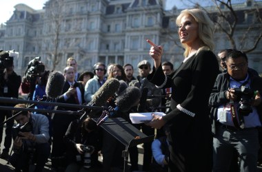 White House Counselor to the President Kellyanne Conway talks to journalists outside the West Wing of the White House on February 4th, 2019.