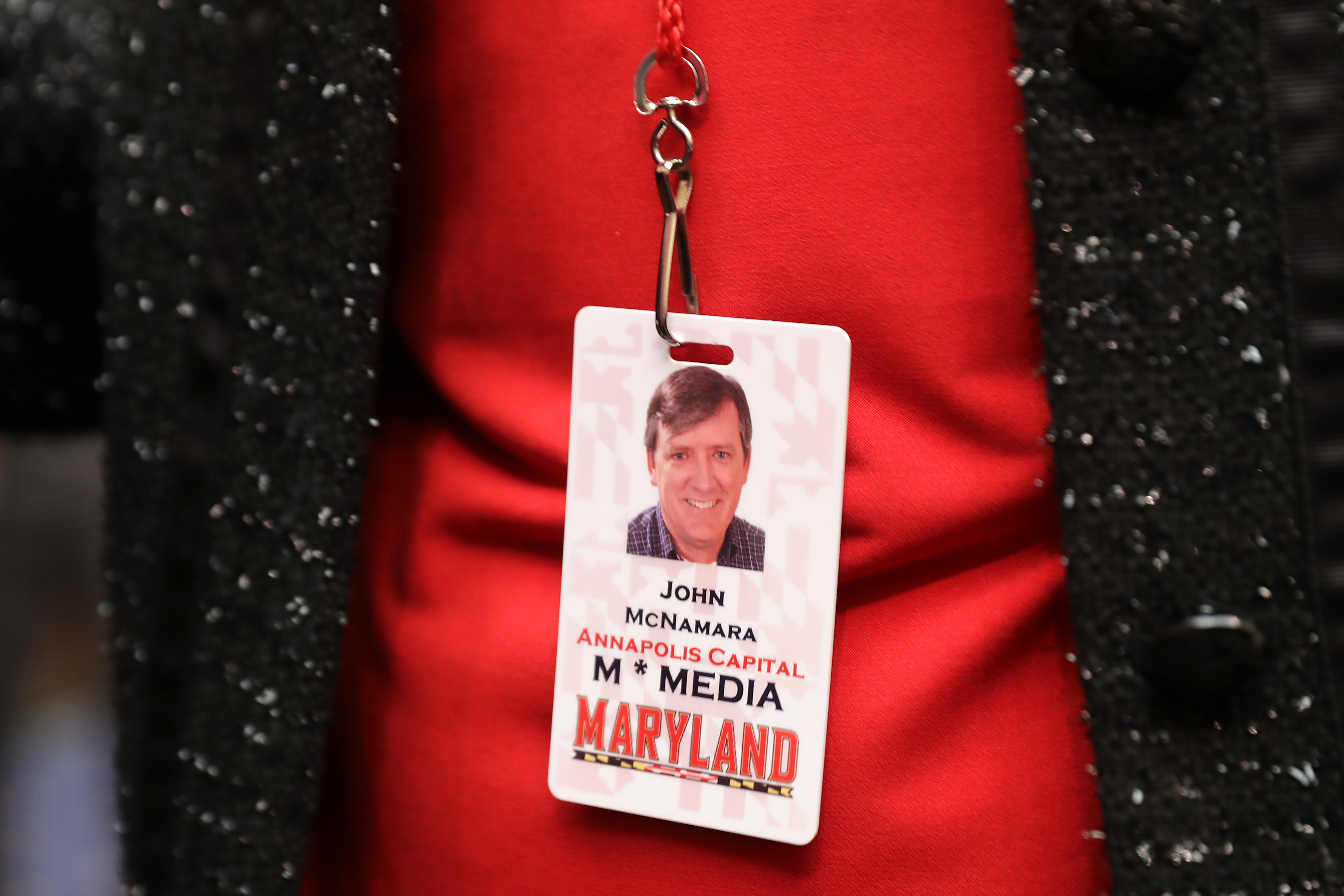 Andrea Chamblee, wife of Capitol Gazette Newspaper shooting victim John McNamara, wore her husband's press pass to a hearing of the House Judiciary Committee in the Rayburn House Office Building on Capitol Hill February 6th, 2019.