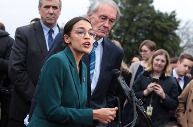 Representative Alexandria Ocasio-Cortez (D-New York) and and Senator Ed Markey (D-Massachusetts) speak on the Green New Deal.