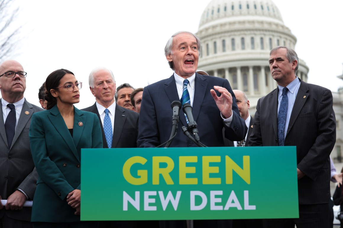 Senator Ed Markey and Representative Alexandria Ocasio-Cortez hold a news conference to unveil their Green New Deal resolution.