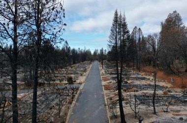 An aerial view of homes destroyed by the Camp Fire on February 11th, 2019, in Paradise, California.