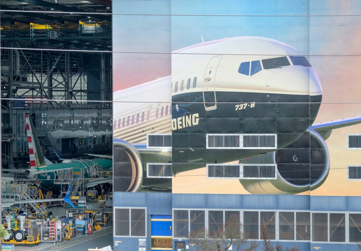 The Boeing 737 Max 8 is pictured on a mural on the side of the Boeing Renton Factory on March 11th, 2019, in Renton, Washington.