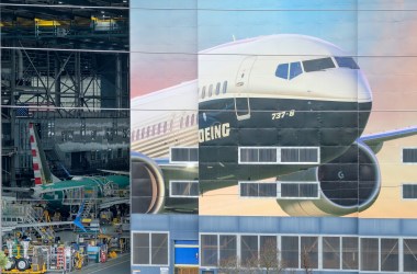 The Boeing 737 Max 8 is pictured on a mural on the side of the Boeing Renton Factory on March 11th, 2019, in Renton, Washington.