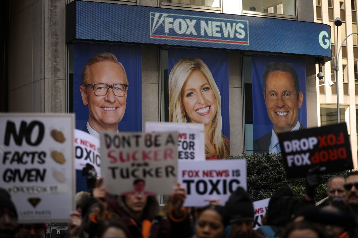 People protesting against Fox News outside the company's headquarters in New York City on March 13th, 2019. Fox News personalities Tucker Carlson and Jeanine Pirro have come under criticism in recent weeks for controversial comments and multiple advertisers have pulled away from their shows.