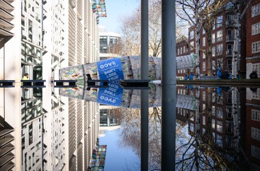 A sculpture made from over 2,500 plastic bottles recovered from beaches, rivers, and streets from around the United Kingdom is seen outside the Department for Environment, Farming and Rural Affairs as part of a stunt by environmental campaign group Greenpeace on February 25th, 2019, in London, England. The sculpture was delivered to DEFRA to apply pressure on Environment Secretary Michael Gove to move forward with a proposed deposit return scheme for bottles and cans bought in the U.K.