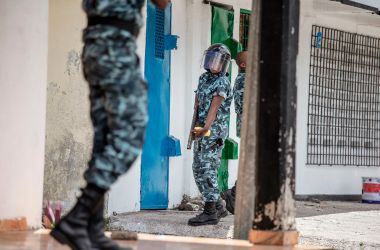 Comoros gendarmerie officers disperse opposition supporters in the city of Moroni on March 25th, 2019. Police fired tear gas and rubber bullets on a crowd of more than 100 as Comoros awaited results of its election, which Agence France-Presse journalists said President Azali Assoumani is expected to win, despite the opposition's accusations of cheating.