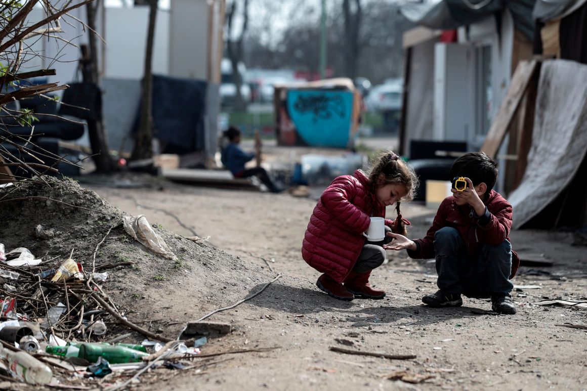 Children play in a camp of the Roma community that was attacked during the night of March 25th in Bobigny, near Paris, on March 27th, 2019. Ethnic Roma leaders called for around-the-clock police protection for their communities on March 27th in Paris after a series of vigilante attacks sparked by false reports of attempted kidnappings.