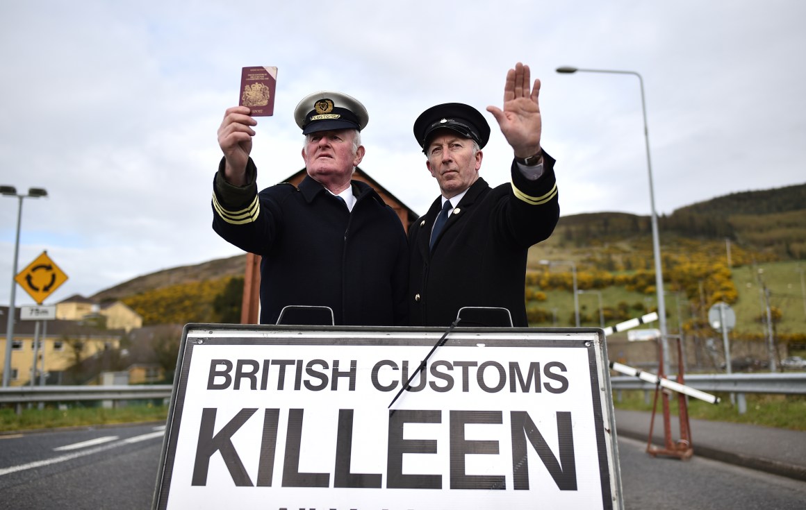 Border Communities Against Brexit protesters pose as customs officers at a rally along the border between the Republic of Ireland and the United Kingdom on March 30th, 2019, in Newry, Ireland.